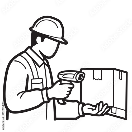 Warehouse worker scanning a box with barcode scanner representing shipping and delivery