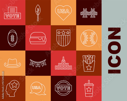 Set line Paper glass with straw, Potatoes french fries in box, Baseball ball, USA Independence day, Burger, American Football, Vote and Shield stars icon. Vector