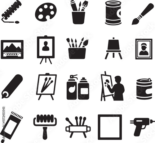 Collection of art and craft supplies icons representing creativity and artistic tools