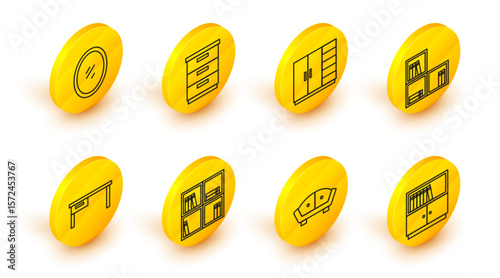 Set line Library bookshelf, Sofa, Shelf with, Office desk, Wardrobe, Furniture nightstand and Mirror icon. Vector