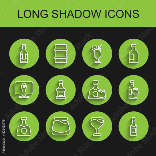 Set line Tequila bottle, Glass of whiskey, Beer, Wine glass, Champagne, Whiskey, with and and icon. Vector