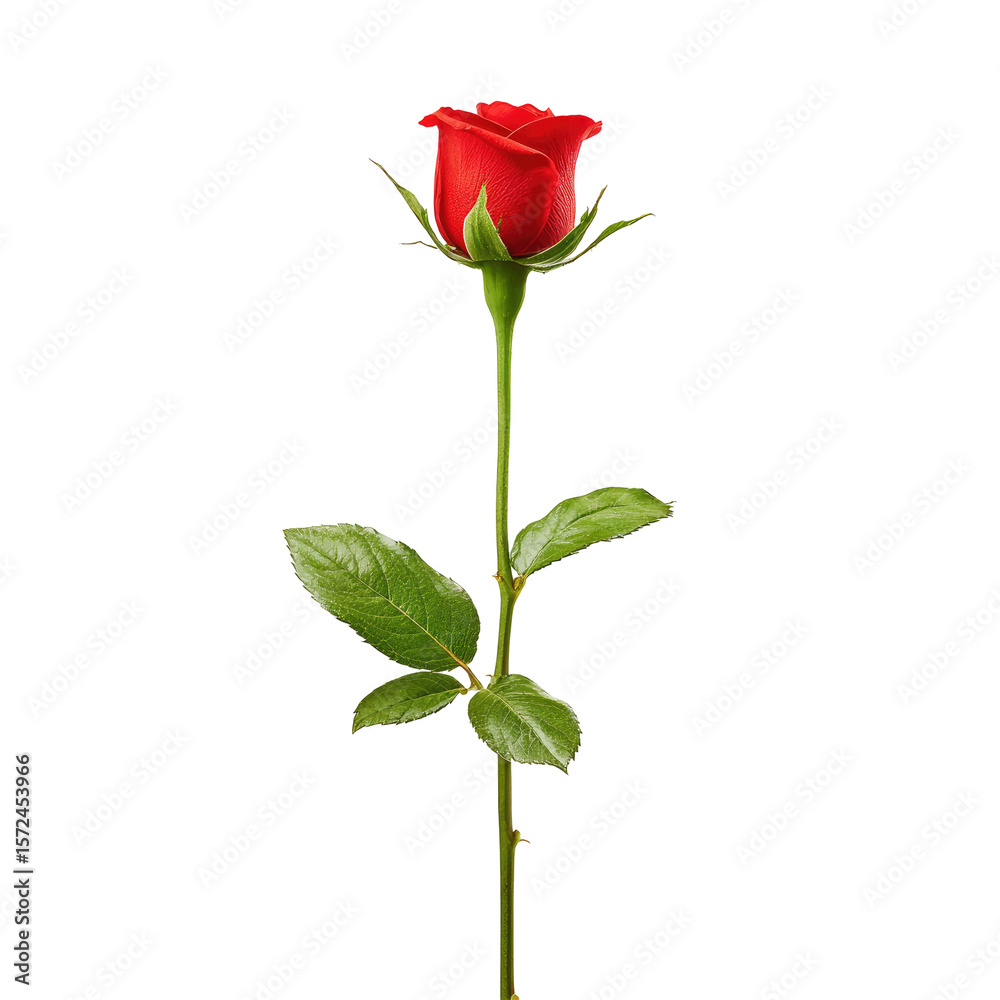 Fototapeta premium Single red rosebud on a tall green stem. Minimal centered composition on clean white background. Symbol of romance, appreciation, and heartfelt connection. Ideal for greeting cards, invitations