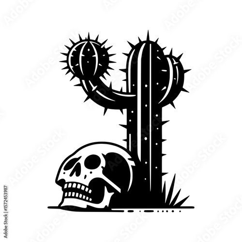 Spiky saguaro cactus and skull silhouette in stark black and white