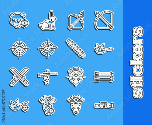 Set line Sniper optical sight, Hipster arrows, Flying duck, Bow and fire, Hunt on with crosshairs, bear, and Hunting cartridge belt cartridges icon. Vector