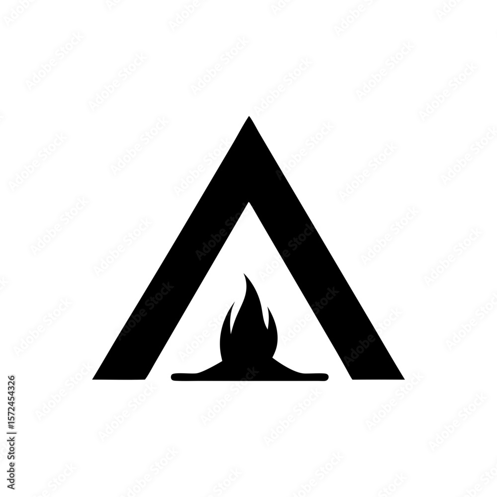 Fototapeta premium Minimalist tent and campfire icon for outdoor travel camping and hiking scene