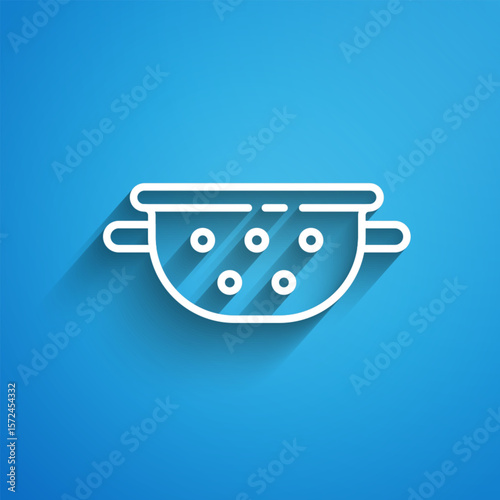 White line Kitchen colander icon isolated on blue background. Cooking utensil. Cutlery sign. Long shadow. Vector