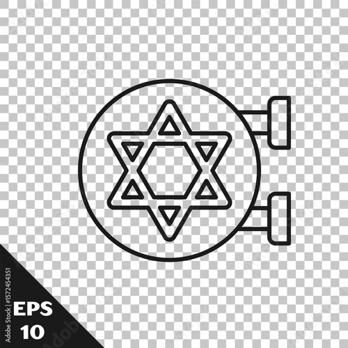 Black line Jewish synagogue building or jewish temple icon isolated on transparent background. Hebrew or judaism construction with David star. Vector
