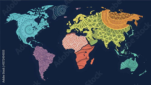 An abstract map of the world where continents are represented by different artistic  styles