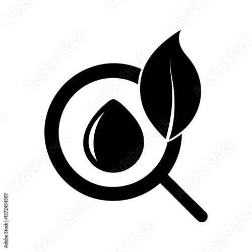 Minimalist dew drop magnifying leaf icon for nature observation research and eco awareness