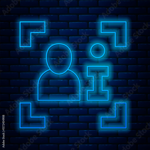 Glowing neon line Television report icon isolated on brick wall background. TV news. Vector
