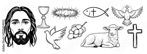 christianity religious symbol sketch icon set
