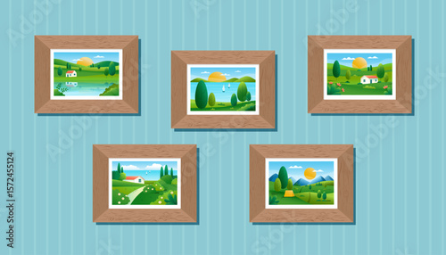 Set of landscape pictures in wooden frames hanging on the wall. Nature backgrounds. Interior elements. Vector illustration cliparts. Gradient banners.