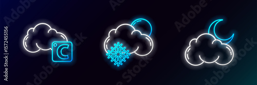 Set line Cloud with moon and stars, Celsius cloud and snow sun icon. Glowing neon. Vector