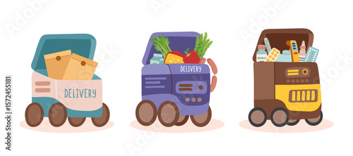 Set of delivery robots that deliver food, medicine, documents isolated on white background. Concept of delivery, technology, robotics, innovation. Vector flat cliparts.