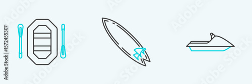 Set line Jet ski, Rafting boat and Surfboard icon. Vector