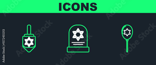 Set line Balloons with ribbon with star of david, Hanukkah dreidel and Tombstone icon. Vector