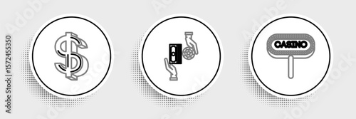 Set line Casino signboard, Dollar symbol and chips exchange on stacks of dollars icon. Vector