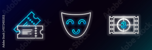 Set line Play Video, Cinema ticket and Comedy theatrical mask icon. Glowing neon. Vector