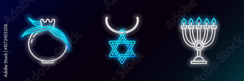 Set line Hanukkah menorah, Pomegranate and Star of David necklace on chain icon. Glowing neon. Vector