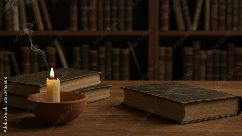 Burning candle with nostalgic mood next to stack of books on library background