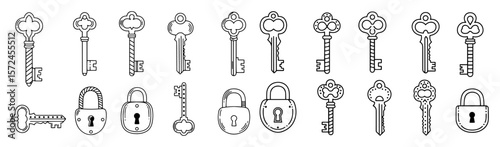 Photos vintage skeleton key and lock icon set vector