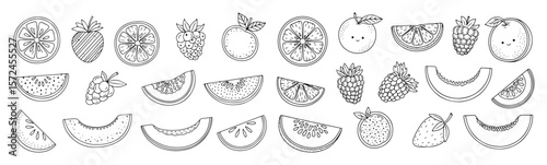 hand drawn fruit slice icon set doodle vector