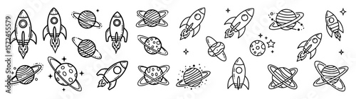 hand drawn rockets and planets doodle