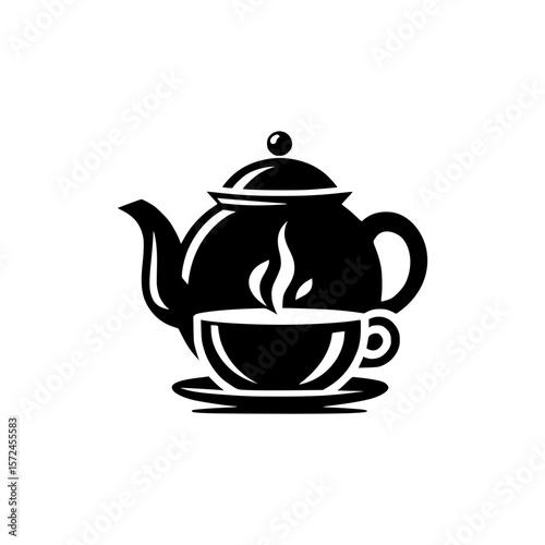 Stylized black silhouette of a teapot and steaming cup of tea
