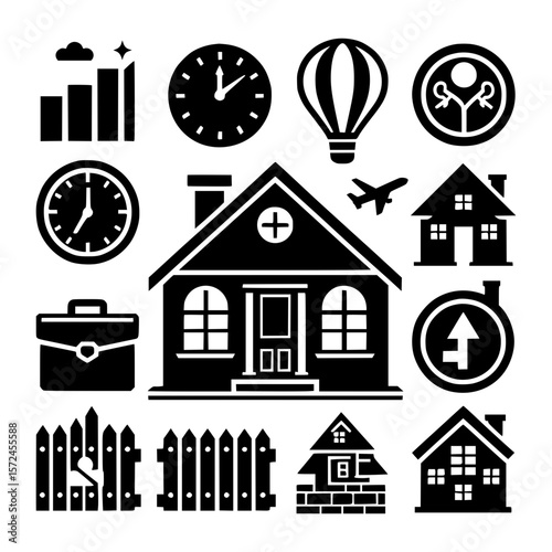 Collection of black and white icons representing business travel and home