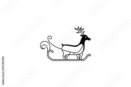 Elegant Christmas Reindeer Pulling Sleigh with Decorative Swirls in Black and White Silhouette