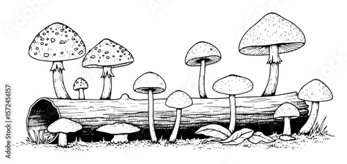 forest mushroom log illustration hand drawn vector