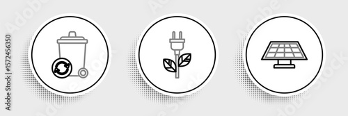 Set line Solar energy panel, Recycle bin with recycle symbol and Electric saving plug leaf icon. Vector