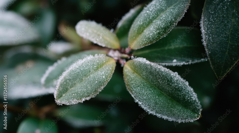 Close-up of a plant with green leaves covered in frost. the leaves are oval-shaped and have a glossy texture. Close-up of a plant with green leaves covered in frost. the leaves are oval-shaped and have a glossy texture.