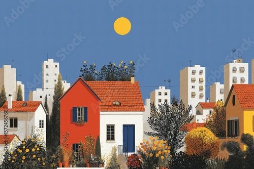 Vibrant Mediterranean Village: A Sunny and Colorful Townscape