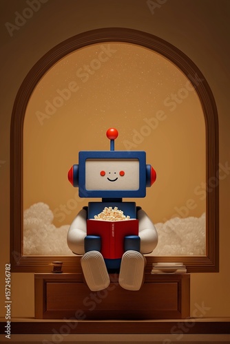 Movie Night: A Cute Toy Robot with Popcorn in a Window
