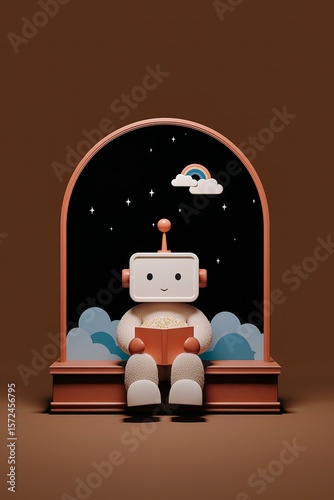Cozy Night Reading: A Cute Robot with a Book in a Window