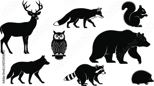 Silhouette illustration of various woodland animals on white background