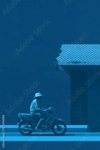 Blue Commute: A Man Riding a Scooter in a Monochrome Asian Streetscape