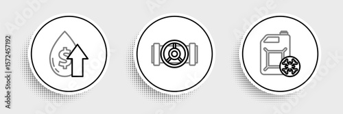 Set line Antifreeze canister, Oil price increase and Industry metallic pipes and valve icon. Vector
