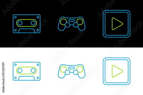 Set line Play in square, Retro audio cassette tape and Gamepad icon. Vector