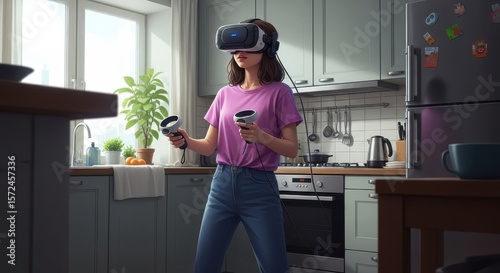 A woman explores virtual reality in her kitchen using a vr headset and controllers