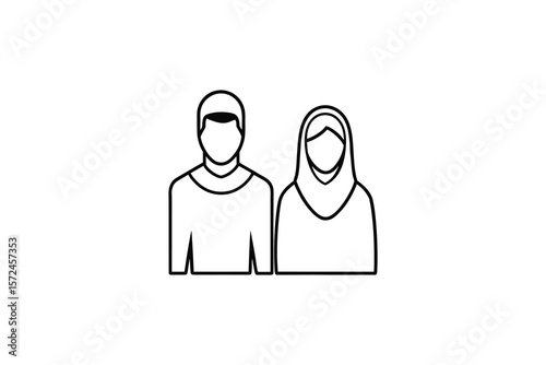 Muslim Couple Icon Black and White Silhouette Style Illustration on White Background