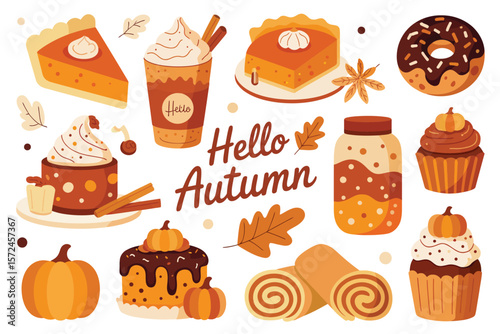 “Colorful Autumn Pumpkin Spice Vector Collection: Seasonal Drinks, Sweet Desserts, Pastries and Cozy Flavored Products Isolated on White Background for Fall Graphics”


