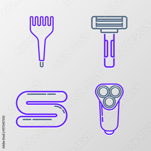 Set line Electric razor blade for men, Towel, Shaving and Hairbrush icon. Vector