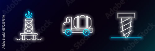 Set line Rotating drill digging a hole, Oil rig with fire and Tanker truck icon. Glowing neon. Vector