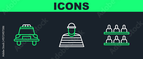 Set line Jurors, Police car and flasher and Prisoner icon. Vector