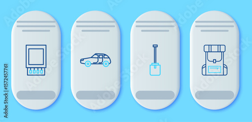 Set line Car, Shovel, Open matchbox and matches and Hiking backpack icon. Vector