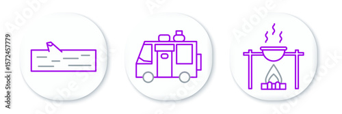 Set line Campfire and pot, Wooden log and Rv Camping trailer icon. Vector