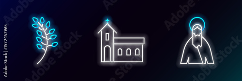 Set line Jesus Christ, Willow leaf and Church building icon. Glowing neon. Vector
