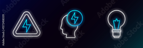 Set line Light bulb with concept of idea, High voltage and Head and electric symbol icon. Glowing neon. Vector